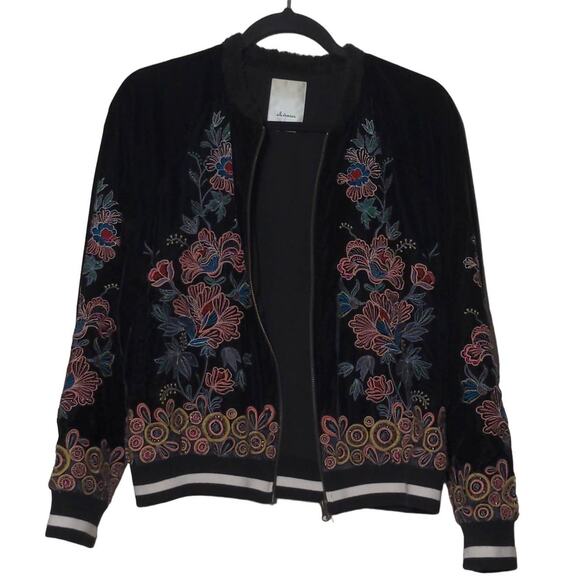 Anthropologie Elevenses Hallie Embroidered Bomber Jacket Black Velvet – Size S - Picture 9 of 15